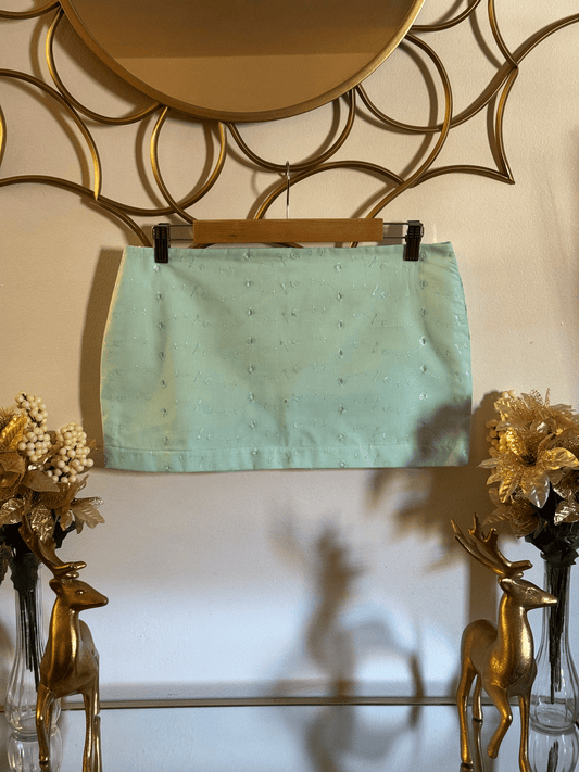 Mint green embroidered mini skirt by Lola’s Digicam, styled for summer escapes and city strolls.
