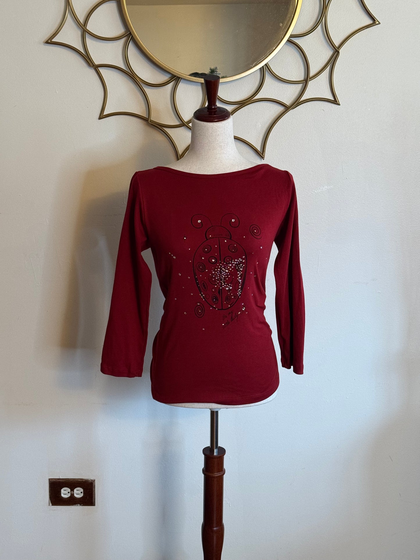 “Be My Little Lady” Cranberry Rhinestone Ladybug Boat Neck Top