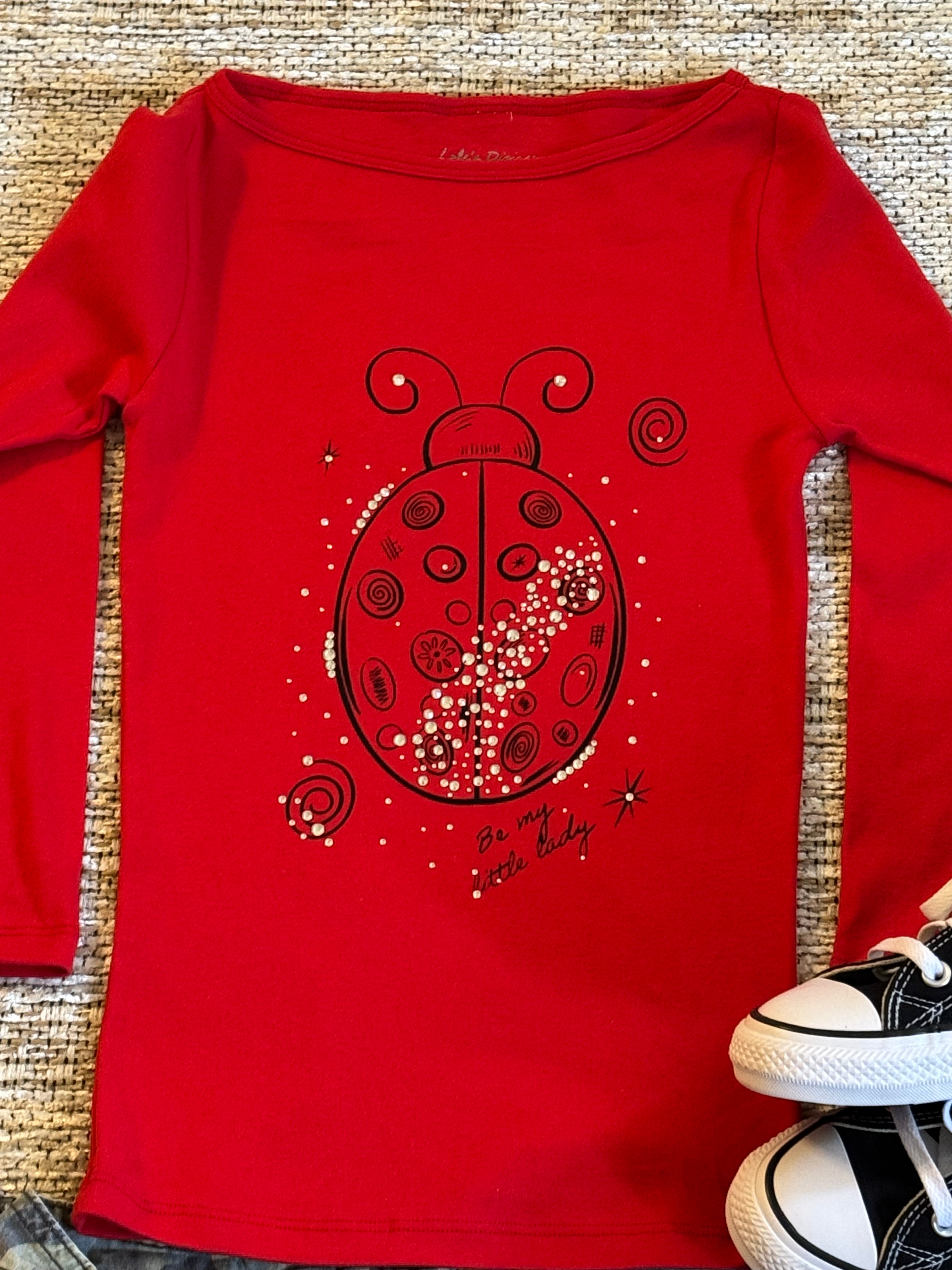 “Be My Little Lady” Red Rhinestone Ladybug Boat Neck Top