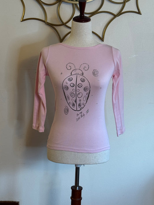 “Be My Little Lady” Pink Rhinestone Ladybug Boat Neck Top