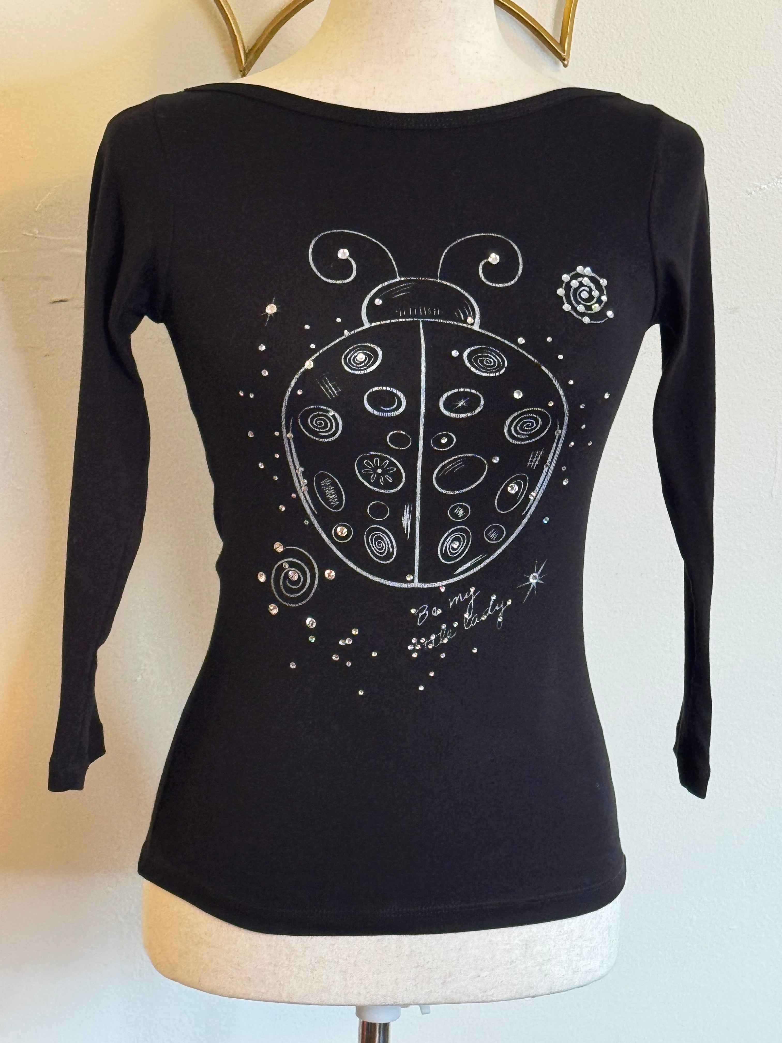 “Be My Little Lady” Black Rhinestone Ladybug Boat Neck Top