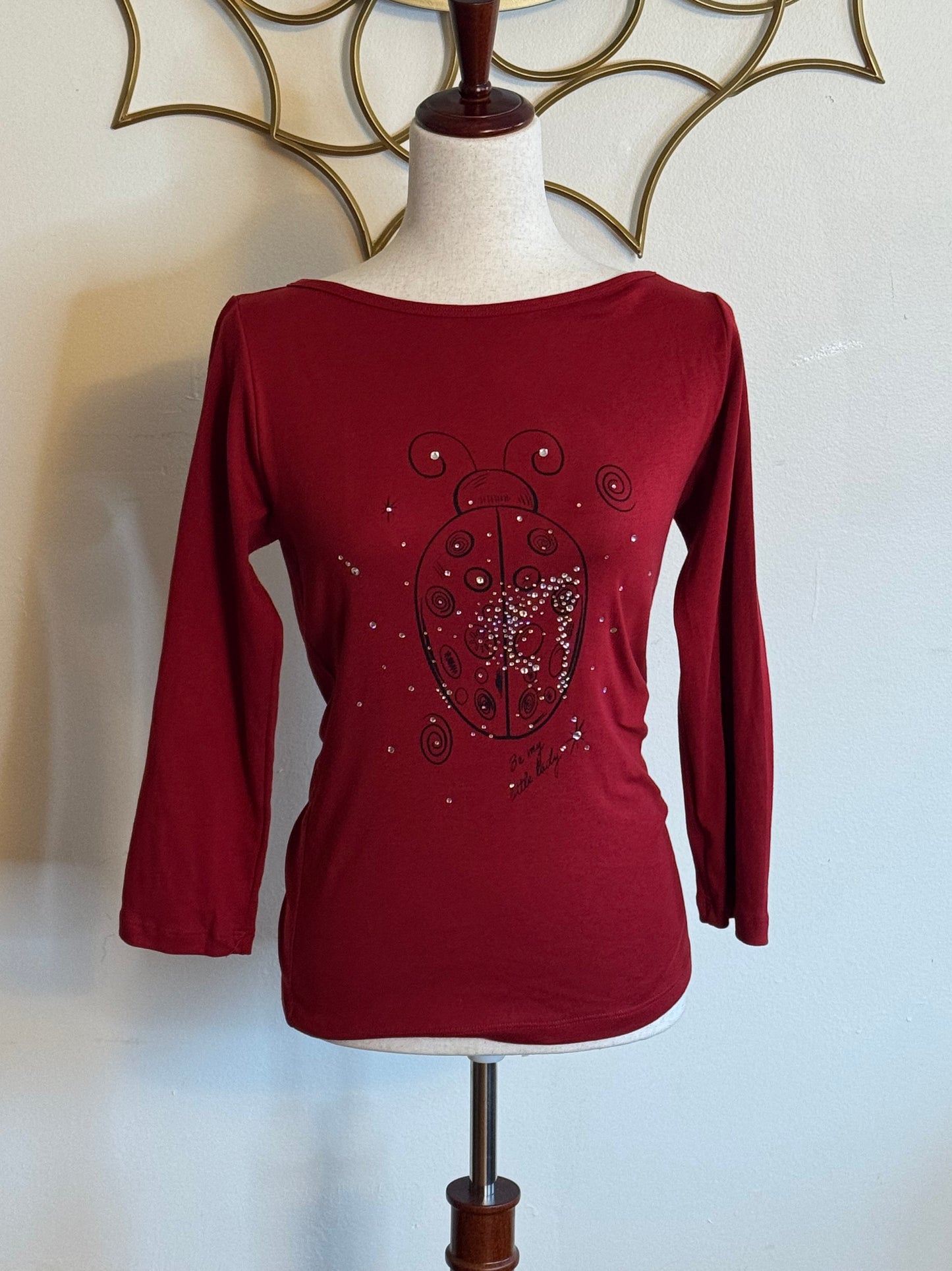 “Be My Little Lady” Cranberry Rhinestone Ladybug Boat Neck Top