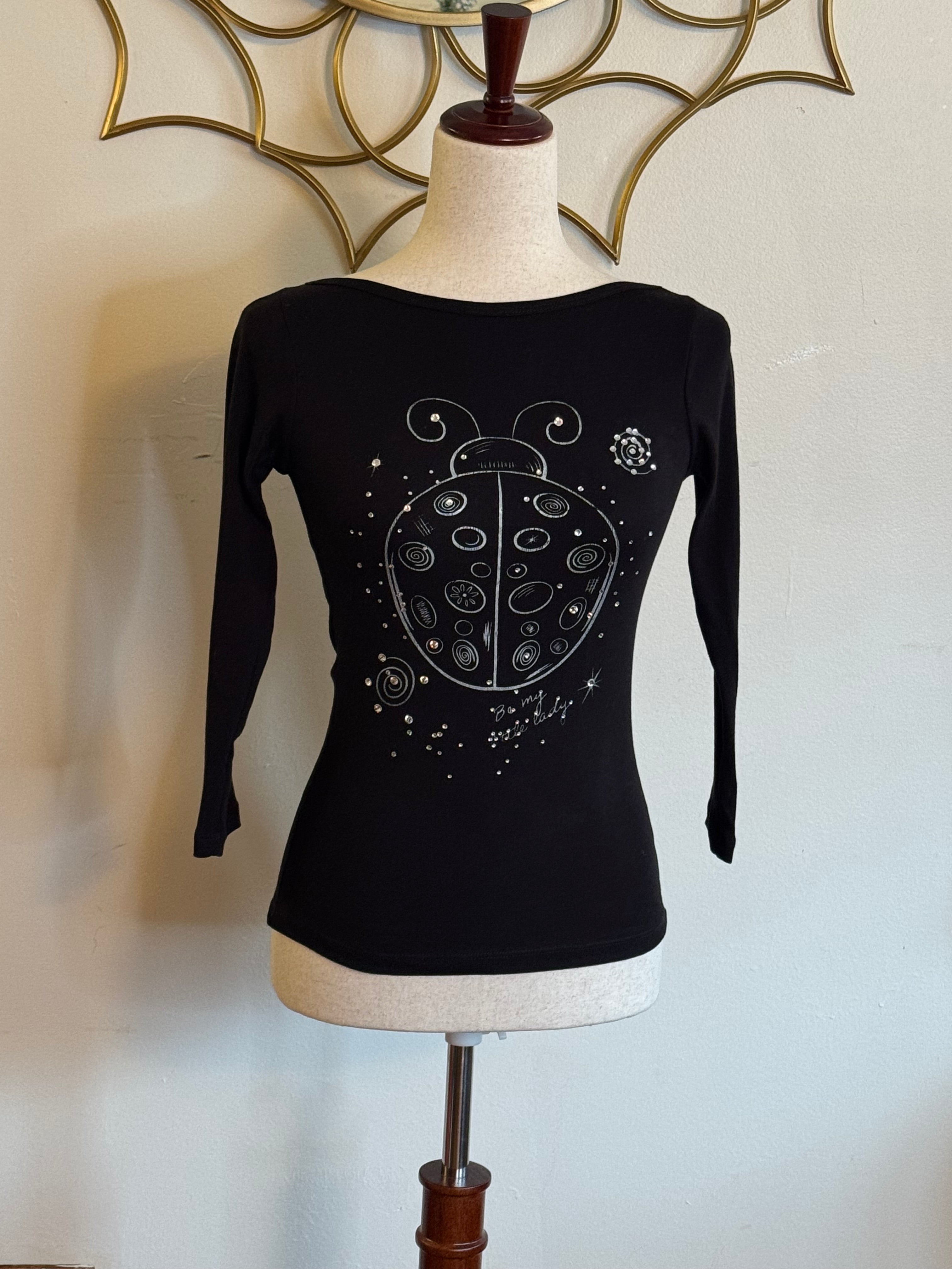 “Be My Little Lady” Black Rhinestone Ladybug Boat Neck Top
