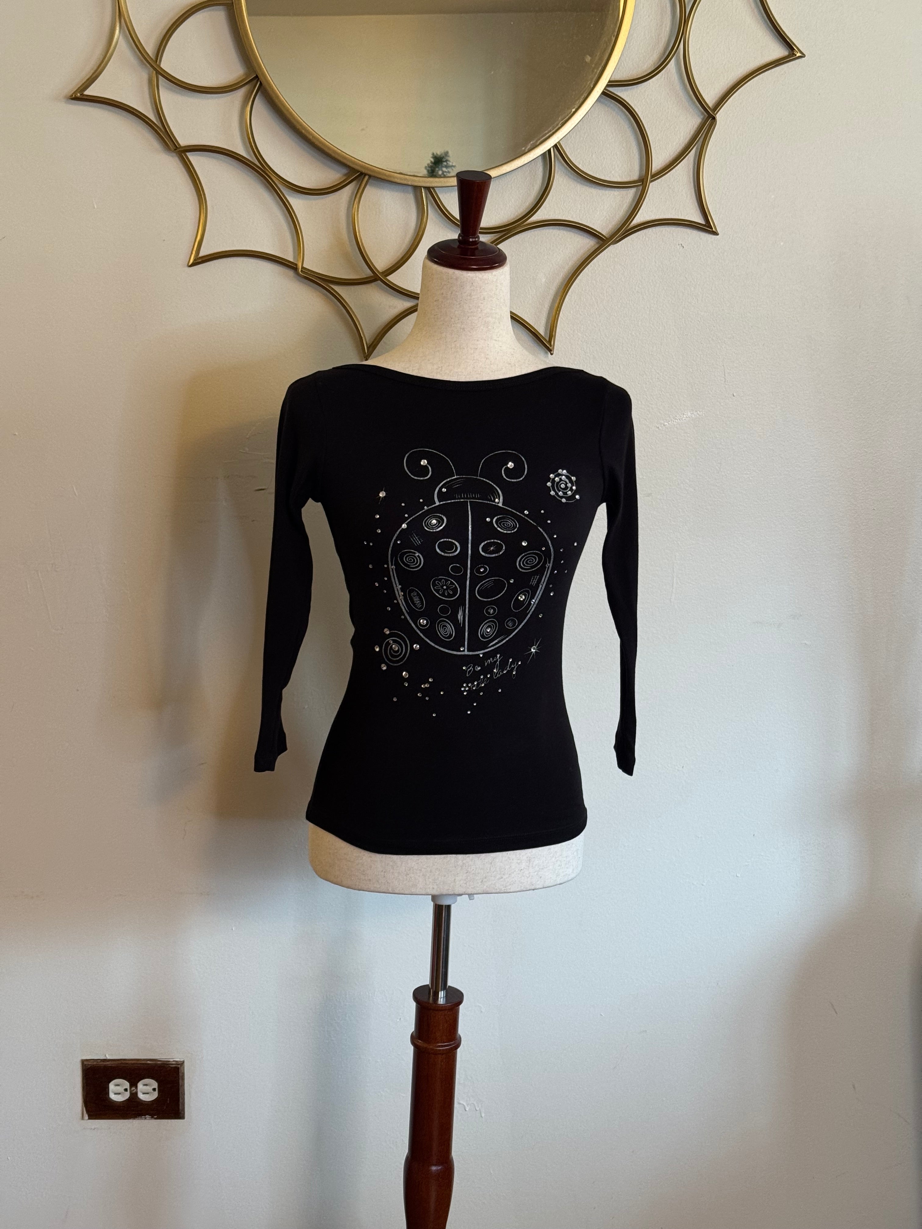 “Be My Little Lady” Black Rhinestone Ladybug Boat Neck Top