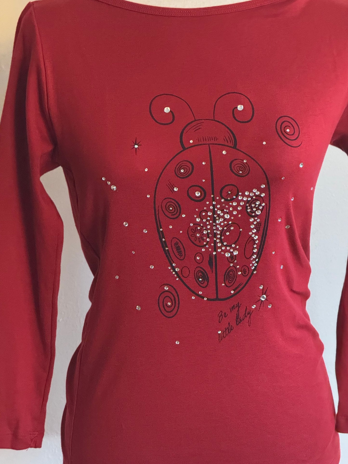 “Be My Little Lady” Cranberry Rhinestone Ladybug Boat Neck Top