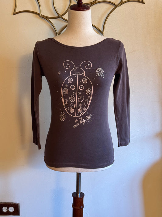 “Be My Little Lady” Brown Rhinestone Ladybug Boat Neck Top