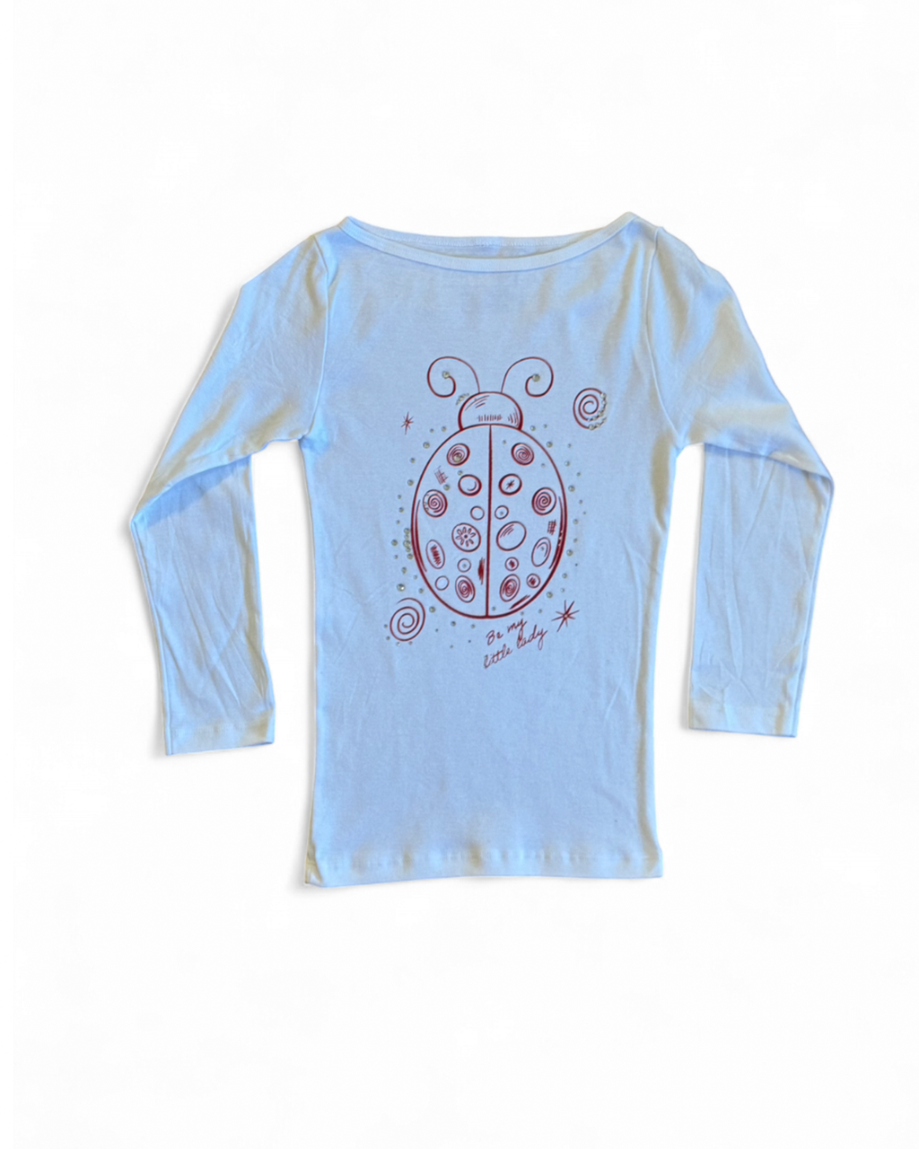 “Be My Little Lady” White Rhinestone Ladybug Boat Neck Top
