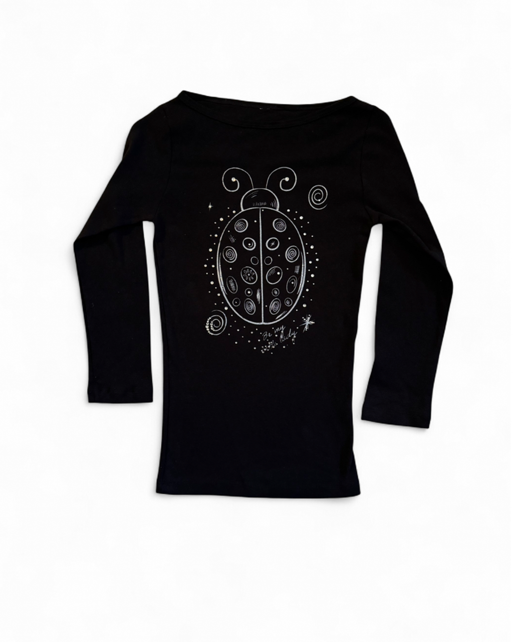 “Be My Little Lady” Black Rhinestone Ladybug Boat Neck Top