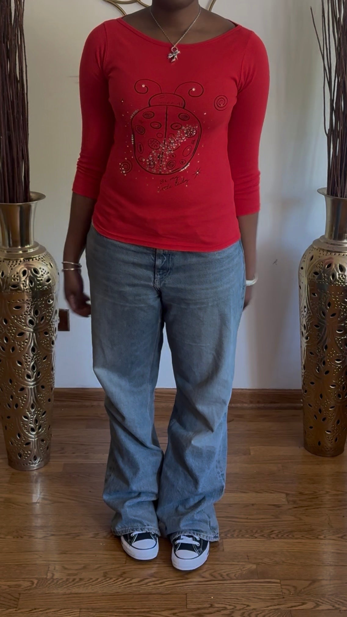 “Be My Little Lady” Red Rhinestone Ladybug Boat Neck Top