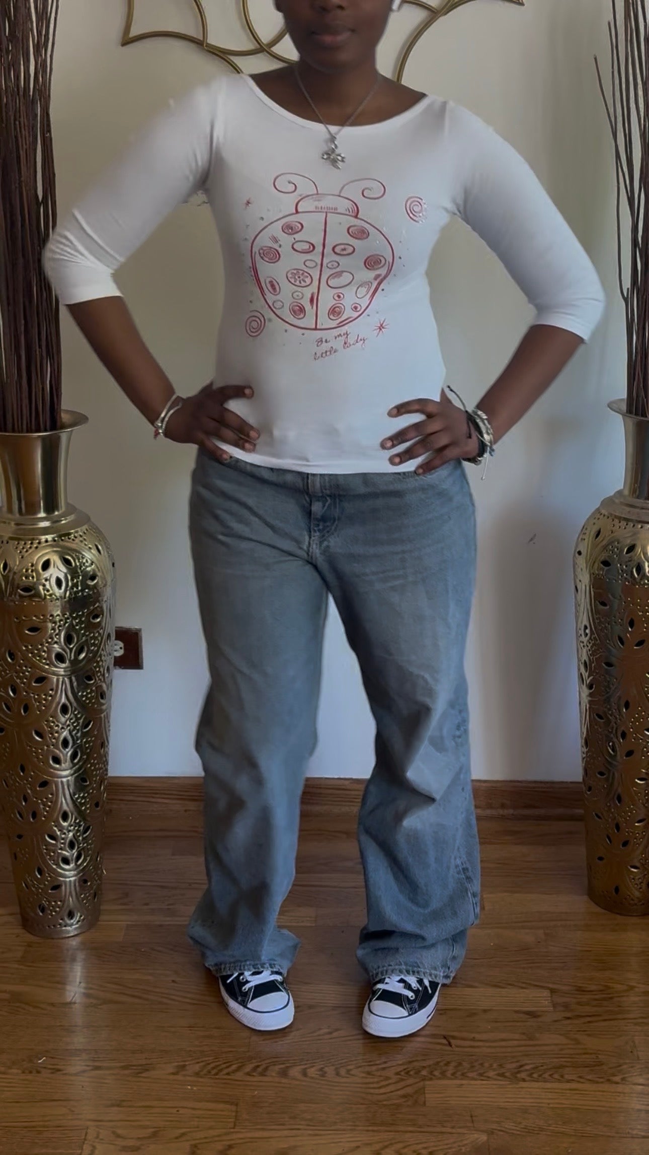 “Be My Little Lady” White Rhinestone Ladybug Boat Neck Top