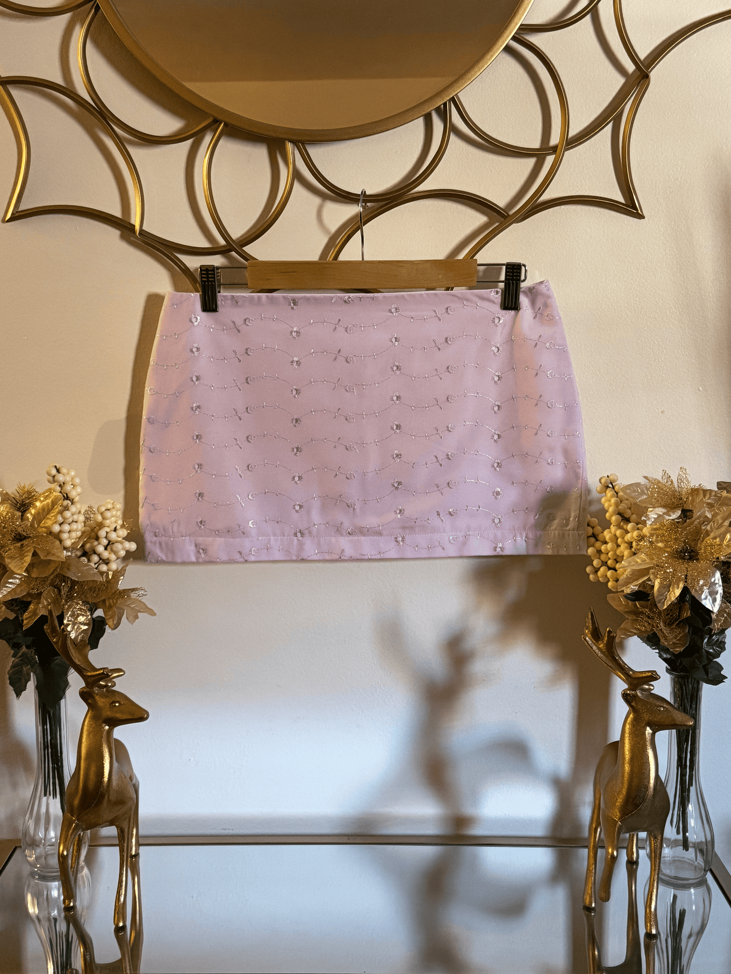 Lilac embroidered eyelet mini skirt by Lola’s Digicam, perfect for spring fashion and coastal dressing.