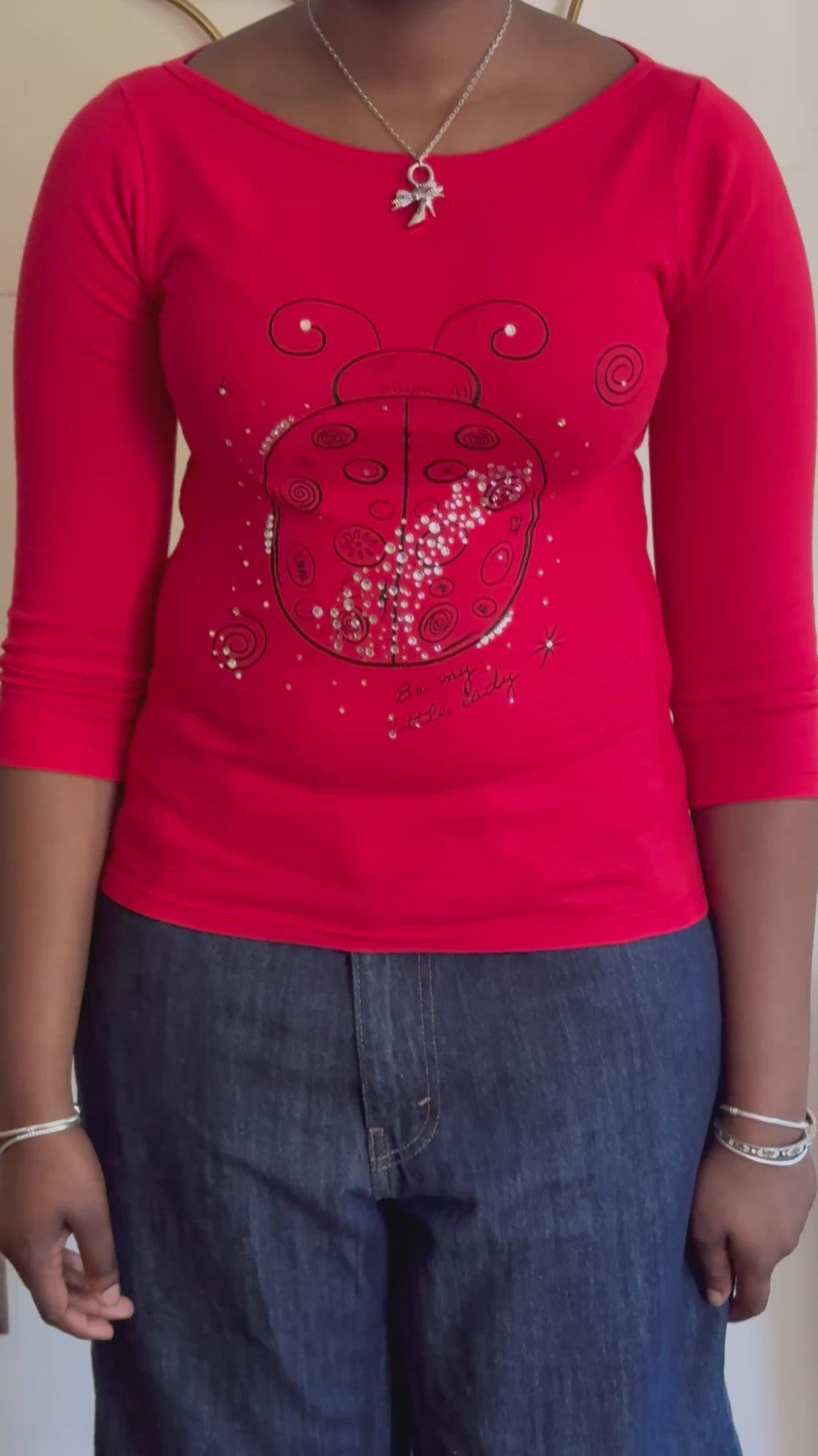 “Be My Little Lady” Red Rhinestone Ladybug Boat Neck Top