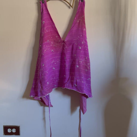 Iridescent embroidered cowl neck halter top from Lola’s Digicam, styled with the Iris Enchant Skirt.